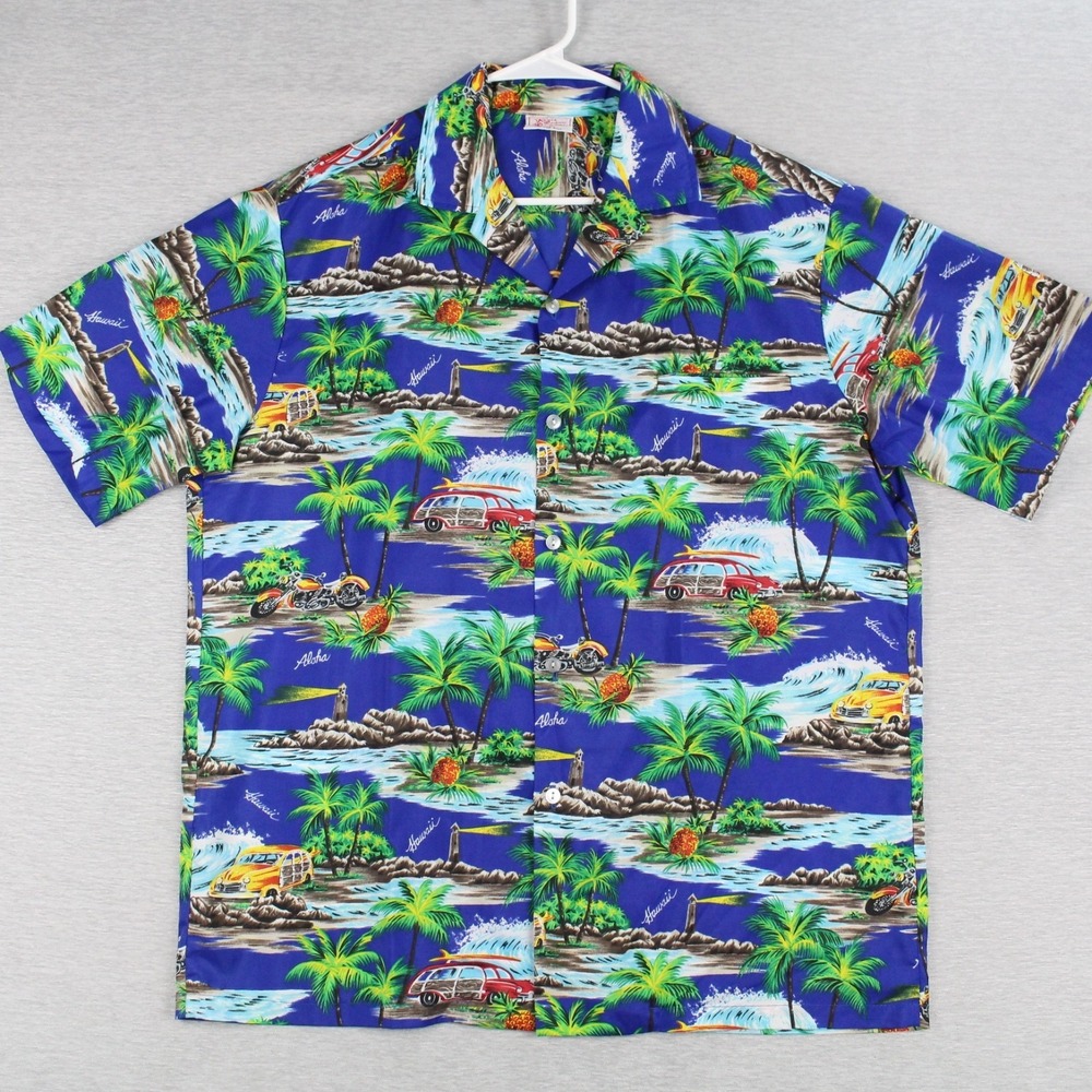 Kalena Fashions Hawaiian Shirt Mens L Blue Palms Woody Polyester Short Sleeve
